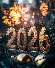 numbers 2026 standing in a christmas tree with firework in the background