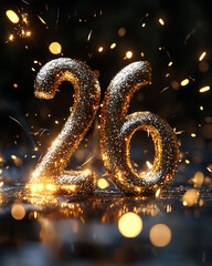 the numbers 2 and 6 as year 2026 or age 26 in golden sparkles 