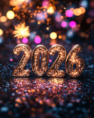the numbers of the year 2026 in front of christmas lights and fireworks as celebration for new years eve