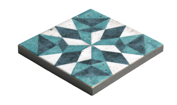 Close-up of a decorative tile with a geometric pattern in shades of blue and white.