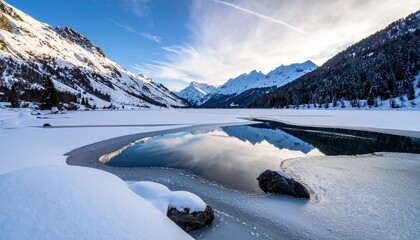 snow covered mountains with pond 