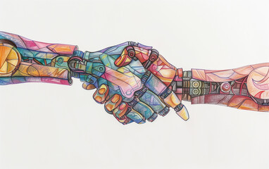 Colorful Robot and Human Handshake Drawing Symbolizing Technology, Connection, and Future.
