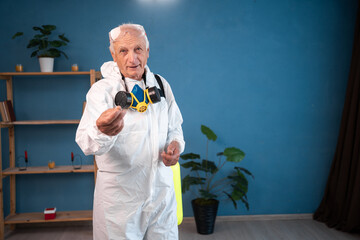 Elderly pest control worker killing insects pointing give me money cash gesture, inside infested...