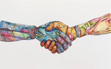 Colorful Handshake Between Human and Robot, Symbolizing Collaboration, Future Technology, and Artificial Intelligence.