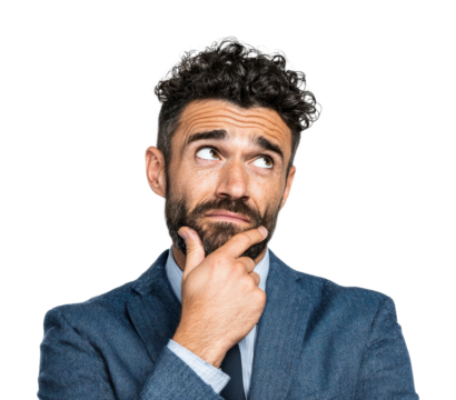 Contemplative businessman thinking in professional attire isolated on transparent background