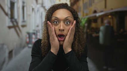 Hispanic transgender woman with curly hair touches cheeks with open mouth on narrow street; surprise.