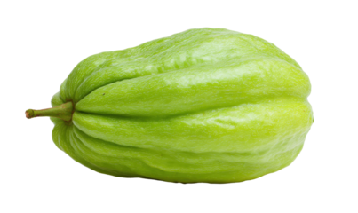 Close-up shot of a green chayote squash, showing its ribbed texture and stem.