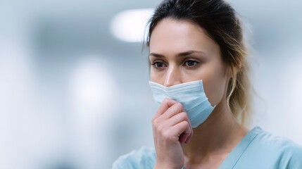 A woman wearing a light blue medical mask her hand raised towards her mouth in a bright sterile indoor environment