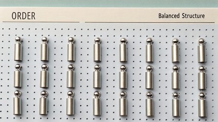 Metallic pins arranged on a pegboard for order and balance