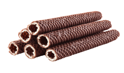 Close-up shot of a stack of chocolate wafer rolls, showing their texture and shape.