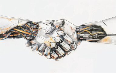 Robot Handshake Illustration: Futuristic Technology, Artificial Intelligence, and Collaboration Concept on White Background