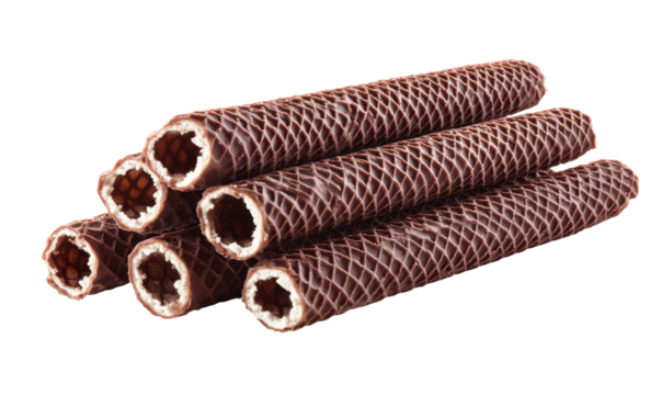 Close-up shot of a stack of chocolate wafer rolls, showing their texture and shape.