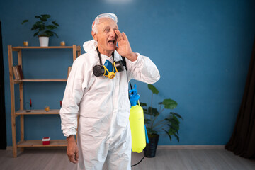 portrait of Happy Elderly pest control worker whispers secret shares gossips inside infested house....