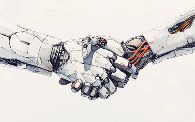 Robotic Handshake: Futuristic Technology, Artificial Intelligence, and Human-Machine Collaboration Concept Illustration
