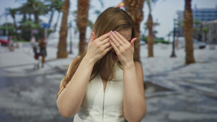 Young caucasian woman in white sleeveless top holds hand to cheek with tense expression and covers face on street; sadness despair anxiety frustration.
