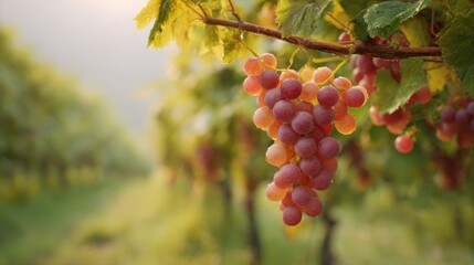 Fototapeta premium Bunch Of Ripe Red Grapes Hanging On Vine In Vineyard. Harvest Season In Picturesque Vineyard Landscape