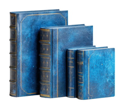 Stack of blue leather-bound books still life isolated on transparent background