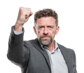 Protest action by man urban portrait determined mood isolated on transparent background