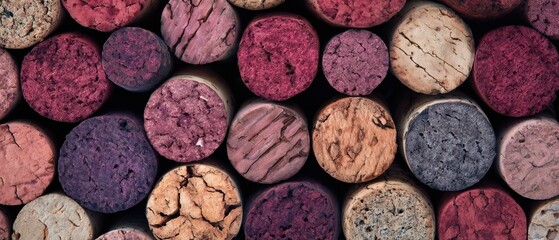 The colorful arrangement of wine corks displaying various textures and shades.