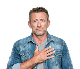 Man expressing emotion with hand on heart portrait neutral connection isolated on transparent background