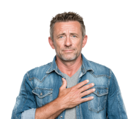 Man expressing emotion with hand on heart portrait neutral connection isolated on transparent background