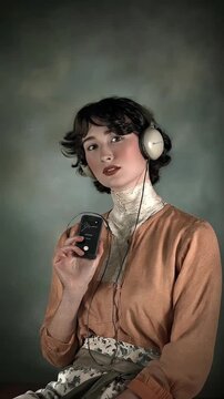 Retrato Animado Pin-Up Vintage con Auriculares Escuchando M&uacute;sica | Video Vertical 4K

