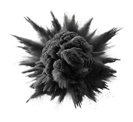 Explosive black smoke cloud erupting abstract digital environment isolated on transparent background
