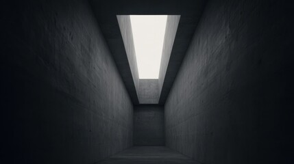 Concrete Corridor With Skylight Creating Dramatic Lighting. Minimalist Architecture Emphasizing Space And Light