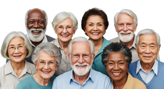 Group portrait of diverse elderly men and women, all smiling warmly at the camera, isolated on white or transparent background