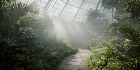 Tropical Greenhouse With Lush Foliage And Sunlight Streaming Through Glass Roof. Serene Botanical Garden Atmosphere