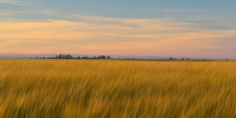 Golden Wheat Field At Sunset With Distant Trees And Mountains. Serene Rural Landscape