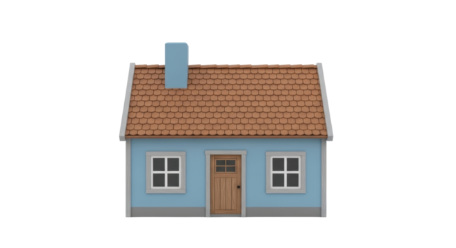 Isolated light blue house with terracotta roof, two windows, and a wooden front door