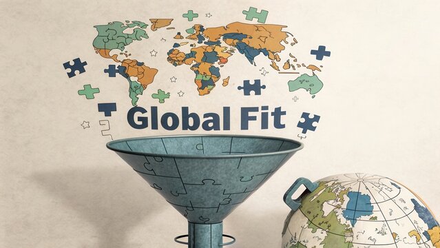 Colorful Puzzle Map with Funnel Illustration for Global Fit Concept in Modern Design Aesthetic