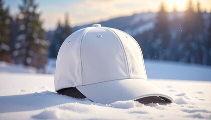 White baseball cap placed on snow-covered surface with sunlit winter landscape and snowy trees in background for editorial fashion photography seasonal contrast and outdoor lifestyle-themed visuals