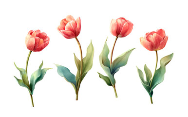 Watercolor tulip flowers set. Red and pink tulips with green leaves. Spring floral clipart isolated on white