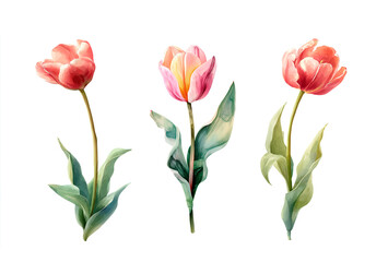 Watercolor tulip flowers set. Red and pink tulips with green leaves. Spring floral clipart isolated on white