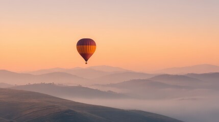 Hot Air Balloon Floating Over Misty Hills At Sunrise. Serene Adventure And Exploration In Nature