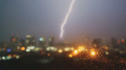 Lightning Strike Over Cityscape Through Rain-Soaked Window. Capturing The Power Of Nature Amidst Urban Lights