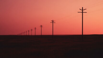 Power Lines Stretching Across A Rural Landscape At Sunset. Tranquil Scene Highlighting Infrastructure And Nature