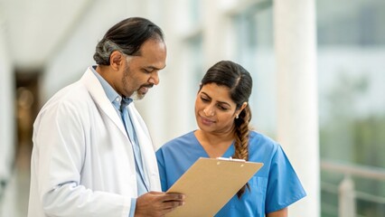 Indian doctor and nurse reviewing patient report — symbolizing teamwork, care, and accuracy