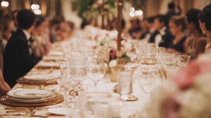 Elegant Banquet Table Setting With Crystal Glassware And Floral Centerpieces. Luxurious Dining Experience At A Formal Event