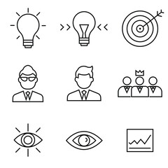 Leadership and business line icons set: idea, focus, target, team, vision, growth analytics, minimal.