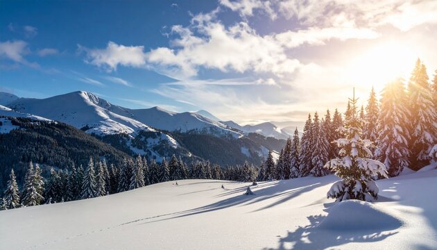Snow-covered pine trees and sunlit mountain peaks under clear blue sky in serene winter landscape for editorial nature photography seasonal travel and wilderness-themed visuals