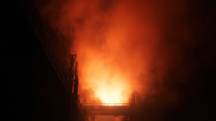 Industrial Facility Engulfed In Intense Flames And Smoke At Night. Dramatic Scene Of Fire And Destruction