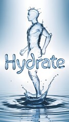 Water figure emerging from splash symbolizes hydration and vitality.