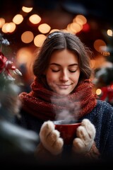 Christmas market. Woman enjoying a warm drink in the festive atmosphere of Christmas. Woman holding a hot cup, with cozy gloves and a scarf. Christmas market decorated with ornaments and bright lights