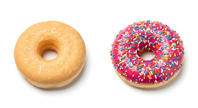Two Donuts Comparision, left side with plain topping and right side Glazed and Sprinkled Pastry Treats on White Surface