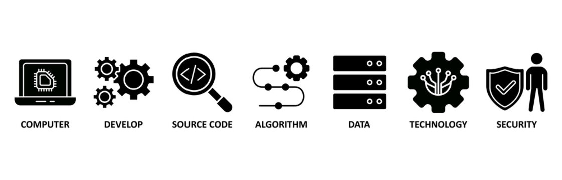Programming icon set vector illustration for computer, develop, source code, algorithm, data, technology and security