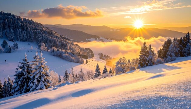 Serene winter valley with snow-covered trees and golden sunrise over winding river between forested mountains for editorial nature photography seasonal travel and tranquil landscape-themed visuals