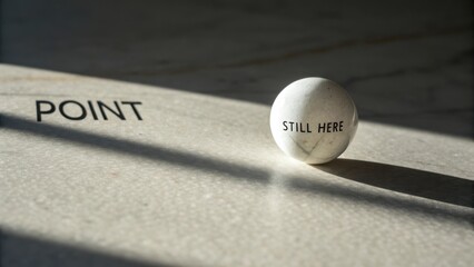 White marble ball with shadow displaying words POINT and STILL HERE on a polished stone surface, artistic still life composition